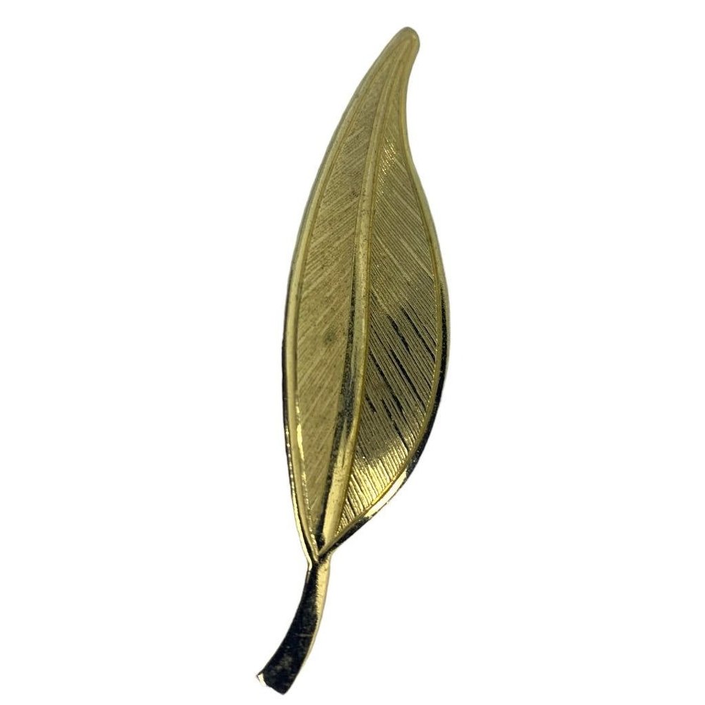 Vintage Leaf Brooch 2 3/4"h Goldtone Textured Pin